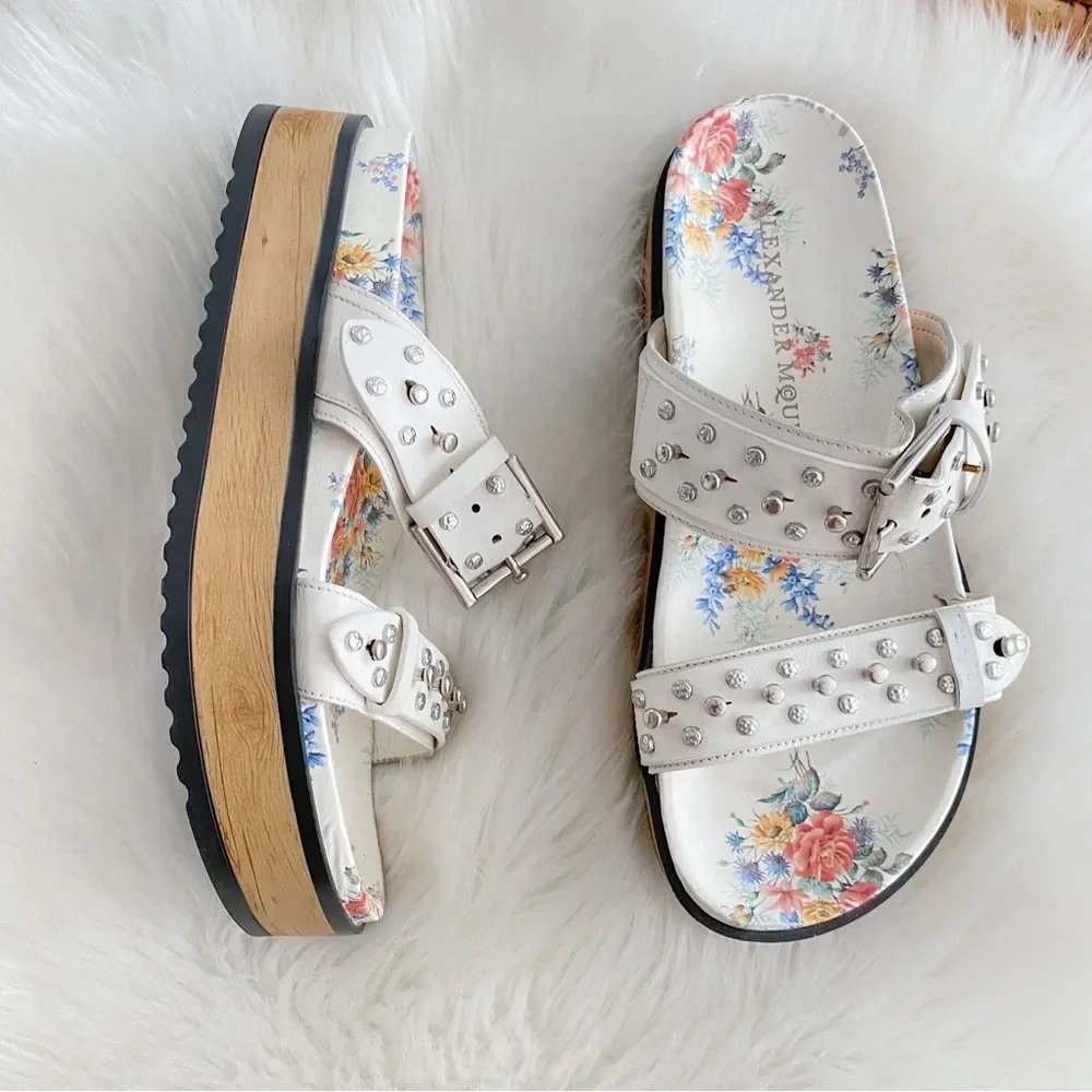Alexander McQueen Platform Sandals Slides Studded Cream Leather Flower Print